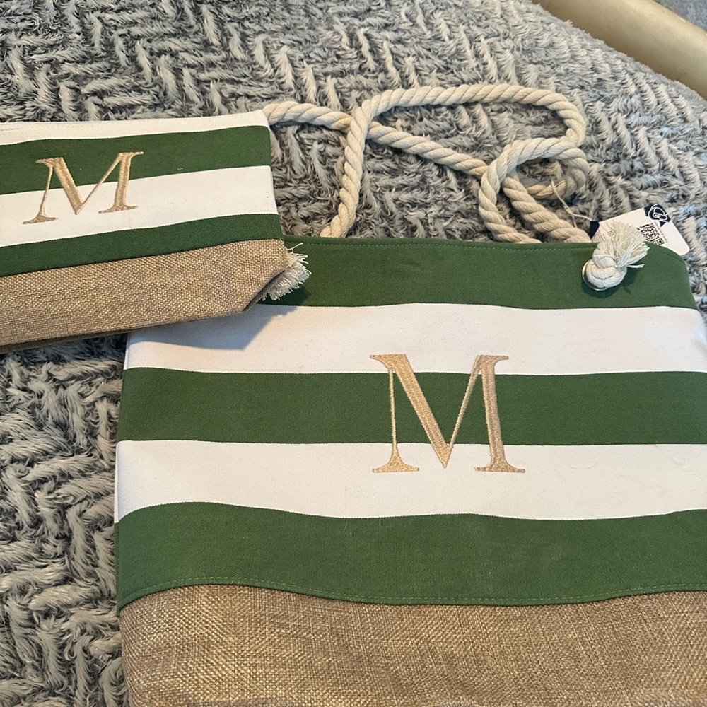 Green and White Striped Tote Bag with Initial